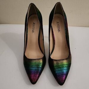 JUSTFAB Karris Multi Color Striped Shimmer Point Toe Pump, Sz. 9, Nwt